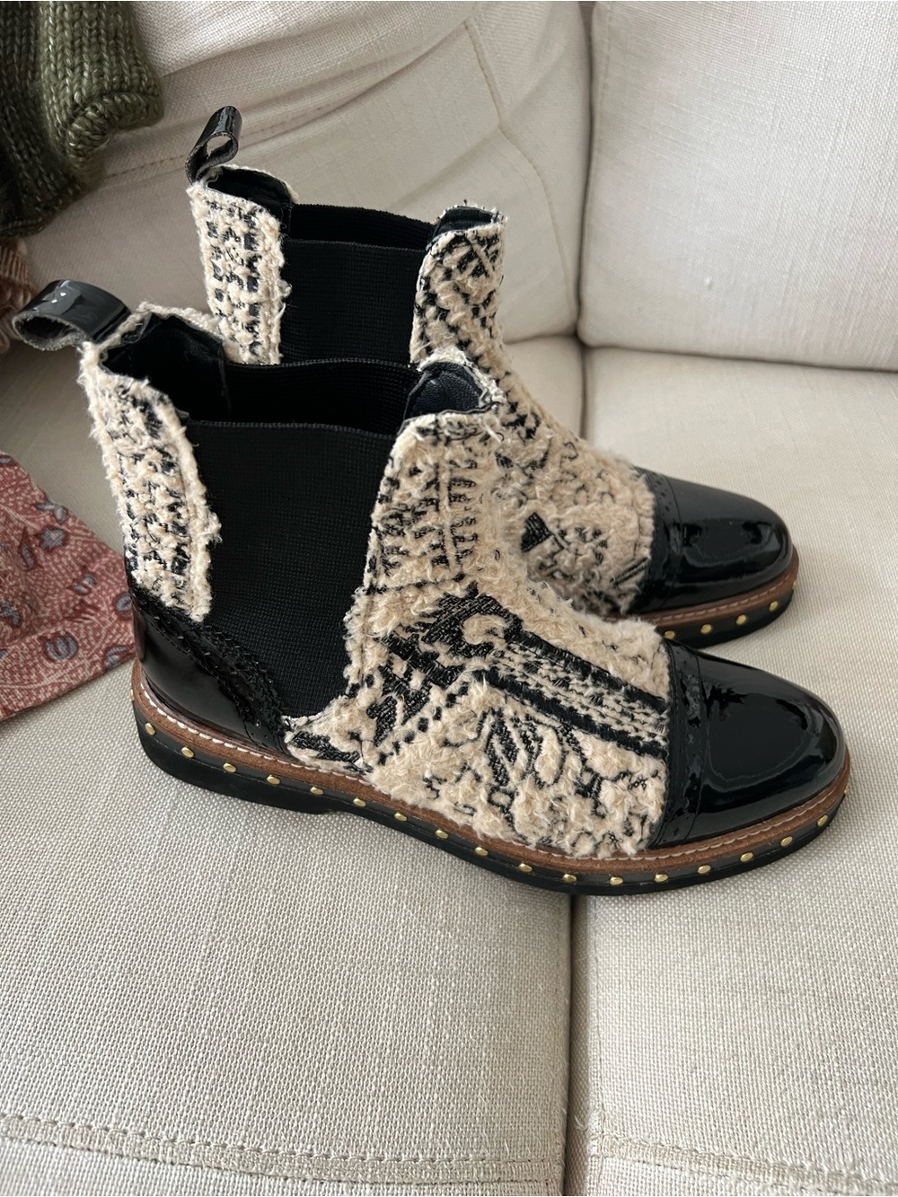 Free People Black Patent & Cream Tweed Chelsea Booties